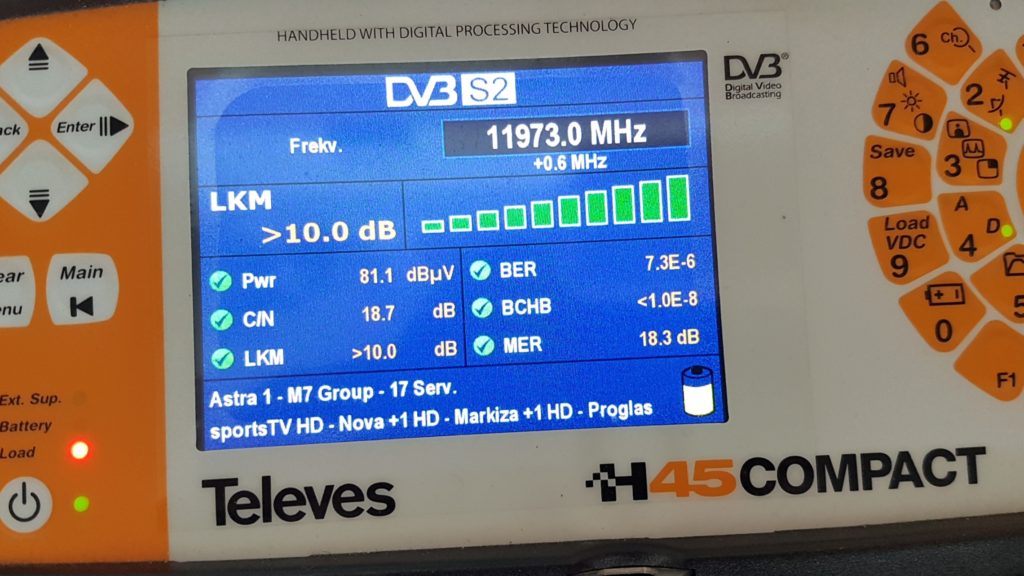 Měření DVB-S2 transpondéru 11973 MHz družice Astra 3A